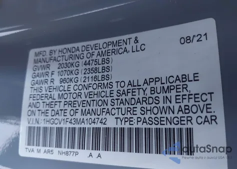 2021 Honda Accord Sport Special Edition from USA, damaged, VIN 1HGCV1F43MA104742